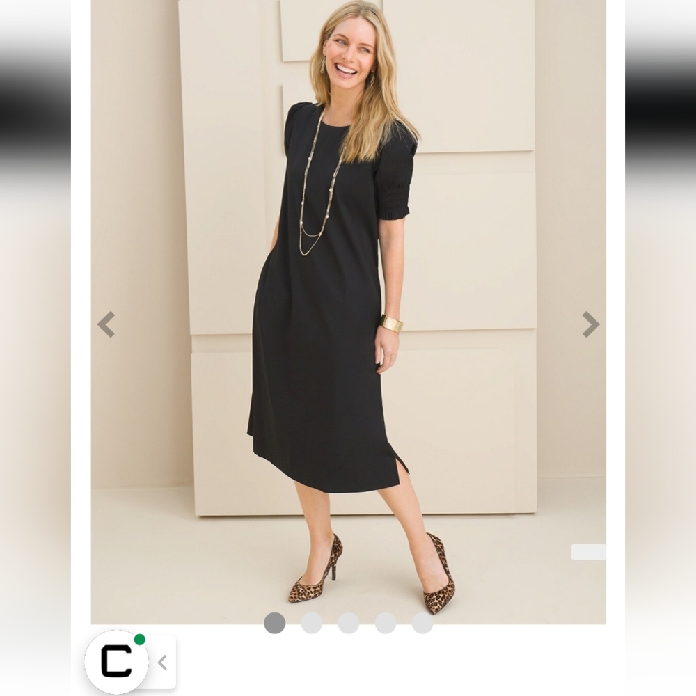 Chico's Black Midi Dress with Smocked Puff Sleeves
